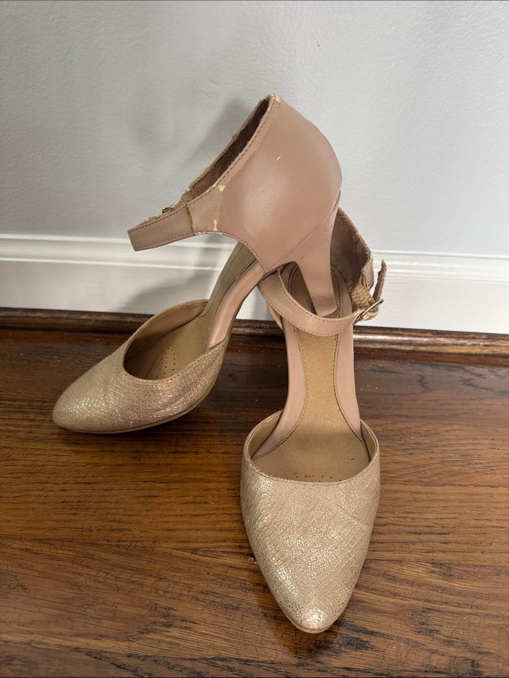 M Pointed-Toe Ankle-Strap Heels in Nude Blush Champagne
